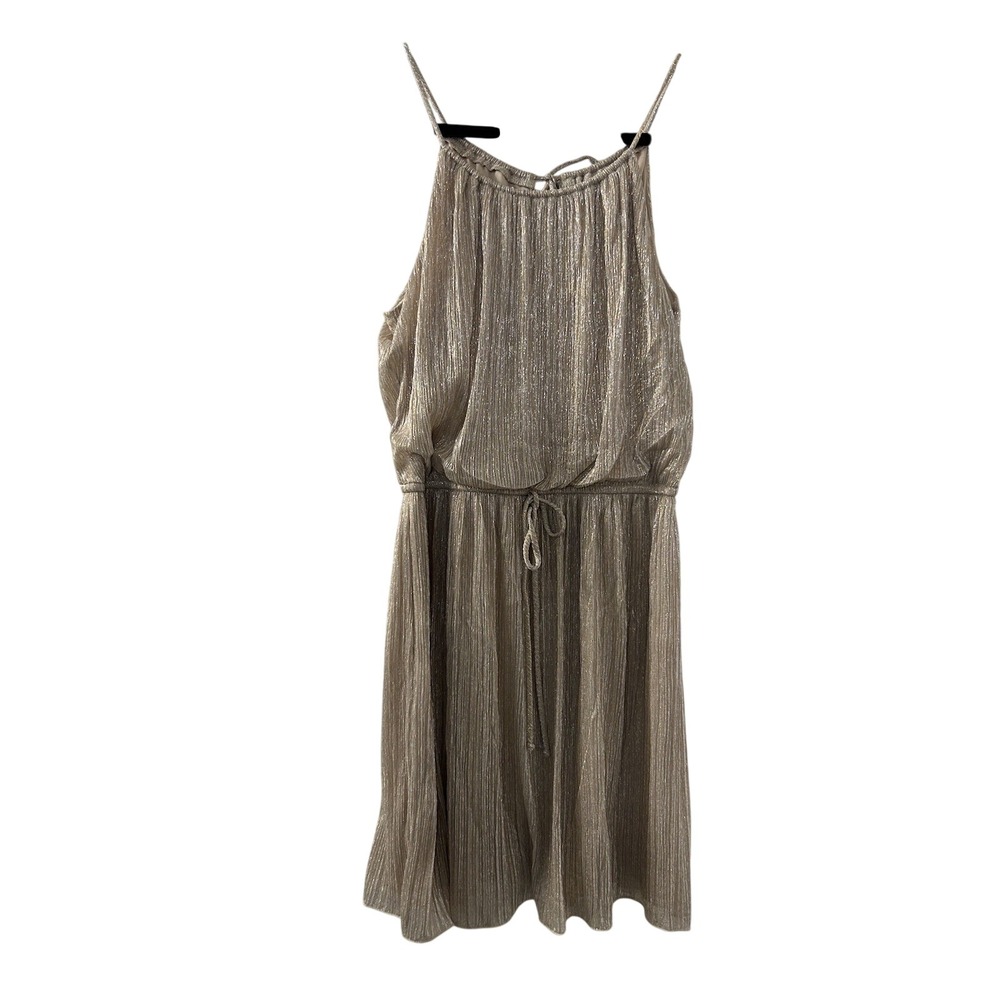 Sweet Storm Metallic Pleated Halter Dress L Gold Drawstring Party Disco Glam